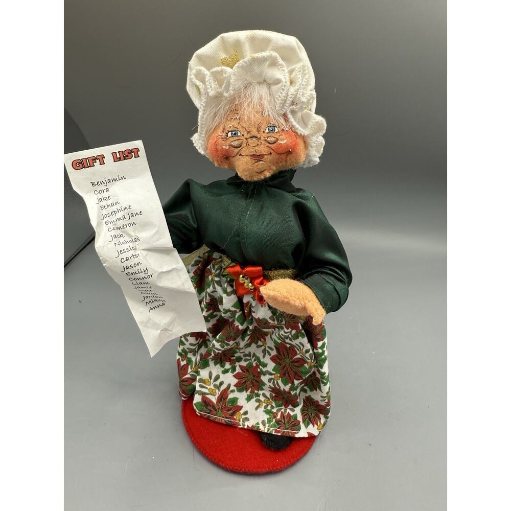 Annalee Mrs Santa Checking List Christmas Doll White Bonnet Green Dress